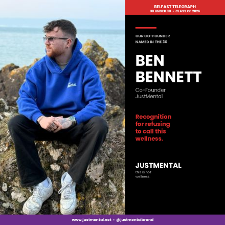 Ben Bennett, JustMental co-founder, named in Belfast Telegraph 30 under 30 for 2026, photographed with the cohort at Titanic Distillers Belfast.