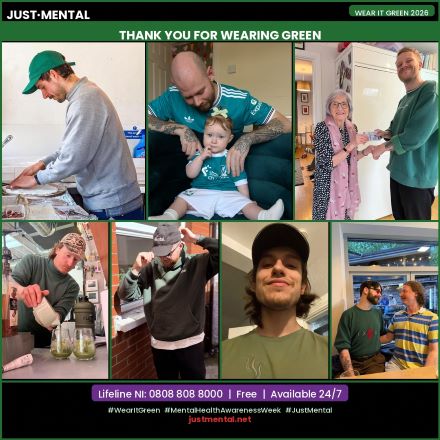 Wear It Green Day 2026 community collage — seven people wearing green for Mental Health Awareness Week, shared by JustMental Northern Ireland