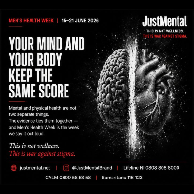 Men’s Health Week 2026 — One Health, Not Two. JustMental graphic linking mental and physical health.