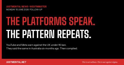 Tech companies social media ban editorial graphic from JustMental News. Black tile with red strips top and bottom. Massive display: “THE PLATFORMS SPEAK” in red, “THE SCRIPT IS SIX MONTHS OLD” in white. JustMentalNews follow-up to the U16 ban announcement of 15 June 2026.