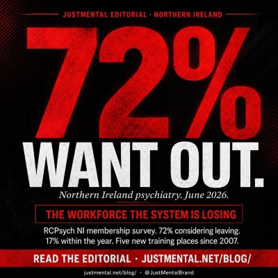 Northern Ireland psychiatry workforce editorial graphic from JustMental. Black tile with red strips top and bottom. Massive red display: 72%. White display: WANT OUT. Italic line: Northern Ireland psychiatry. June 2026. Red outlined box: "The workforce the system is losing." Body text: RCPsych NI membership survey shows 72% of Northern Ireland's psychiatry workforce are considering leaving. 17% within the year. Five new training places since 2007.