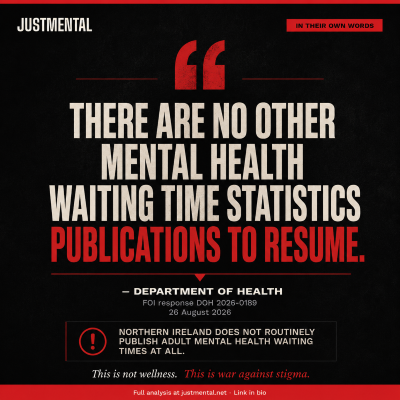JustMental dark-background graphic reading '15 months of silence' with subtitle 'The Department of Health has not published routine children's mental health waiting time statistics since May 2025'. FOI response reference DOH 2026-0189.