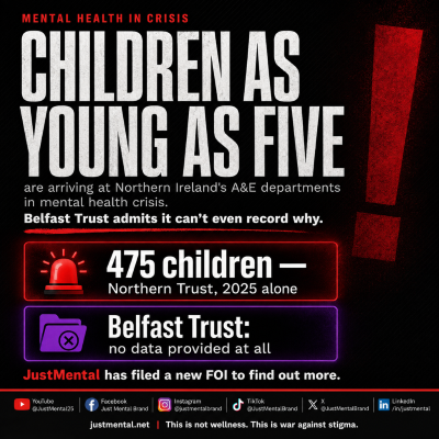 Children's mental health crisis graphic — NI A&E figures showing 475 children treated by Northern Trust in 2025 and Belfast Trust's data gap.