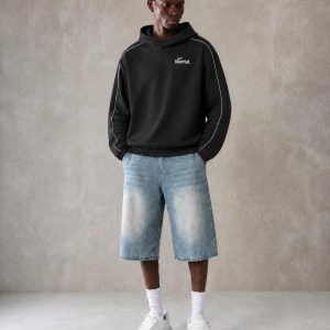 Men's JustMental Black Boxy Piping Fleeced Hoodie
