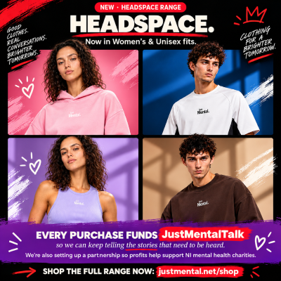 JustMentalWear Headspace Range: two models in matching forest green Just Mental. hoodies, with the word Headspace