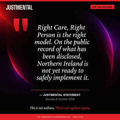 JustMental statement graphic, four questions on the Right Care Right Person Northern Ireland implementation before 31 October 2026